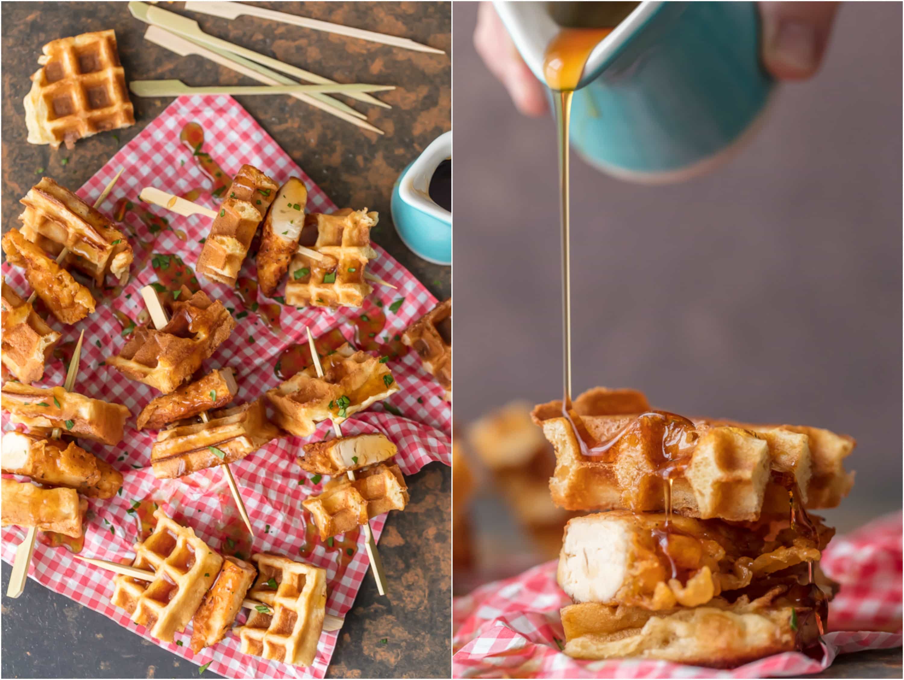 Mini waffles and chicken on a stick, arranged on red and white cloth