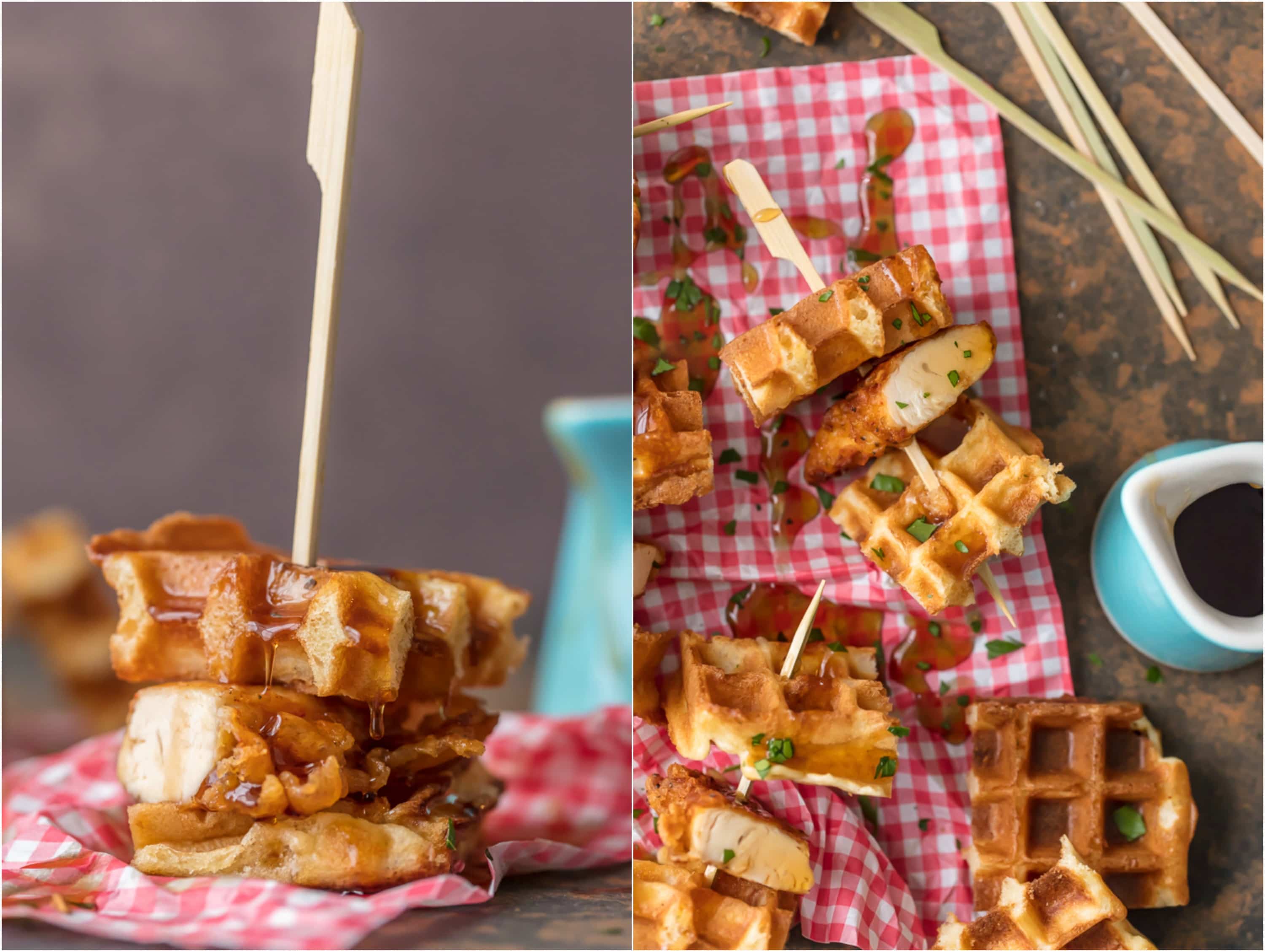 Mini Chicken and Waffles Recipe, arranged on red and white cloth
