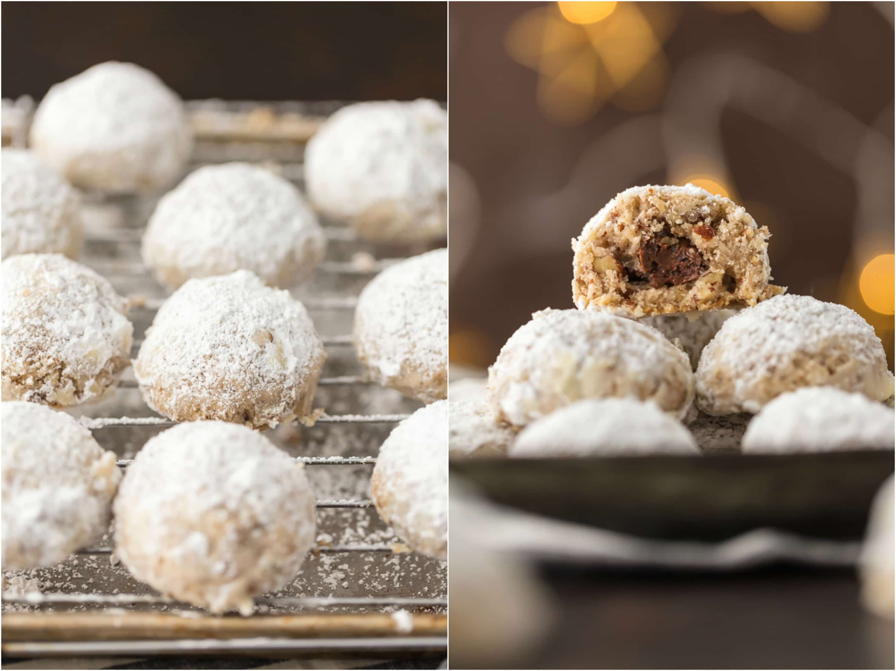 photos of NUTELLA STUFFED SNOWBALL COOKIES dusted with powdered sugar