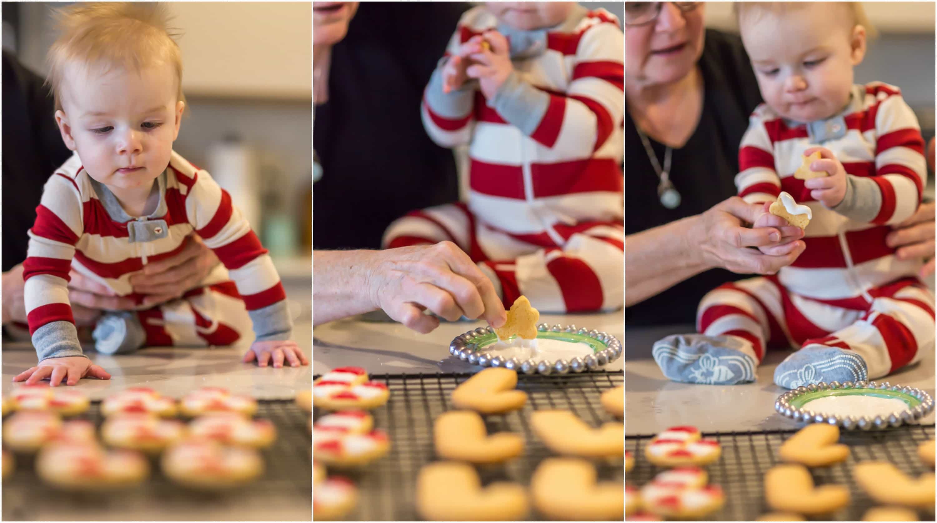 photo collage of a 9 month old baby boy wearing red and white striped pajamas decorating red and white candy cane Christmas cookies with his grandma