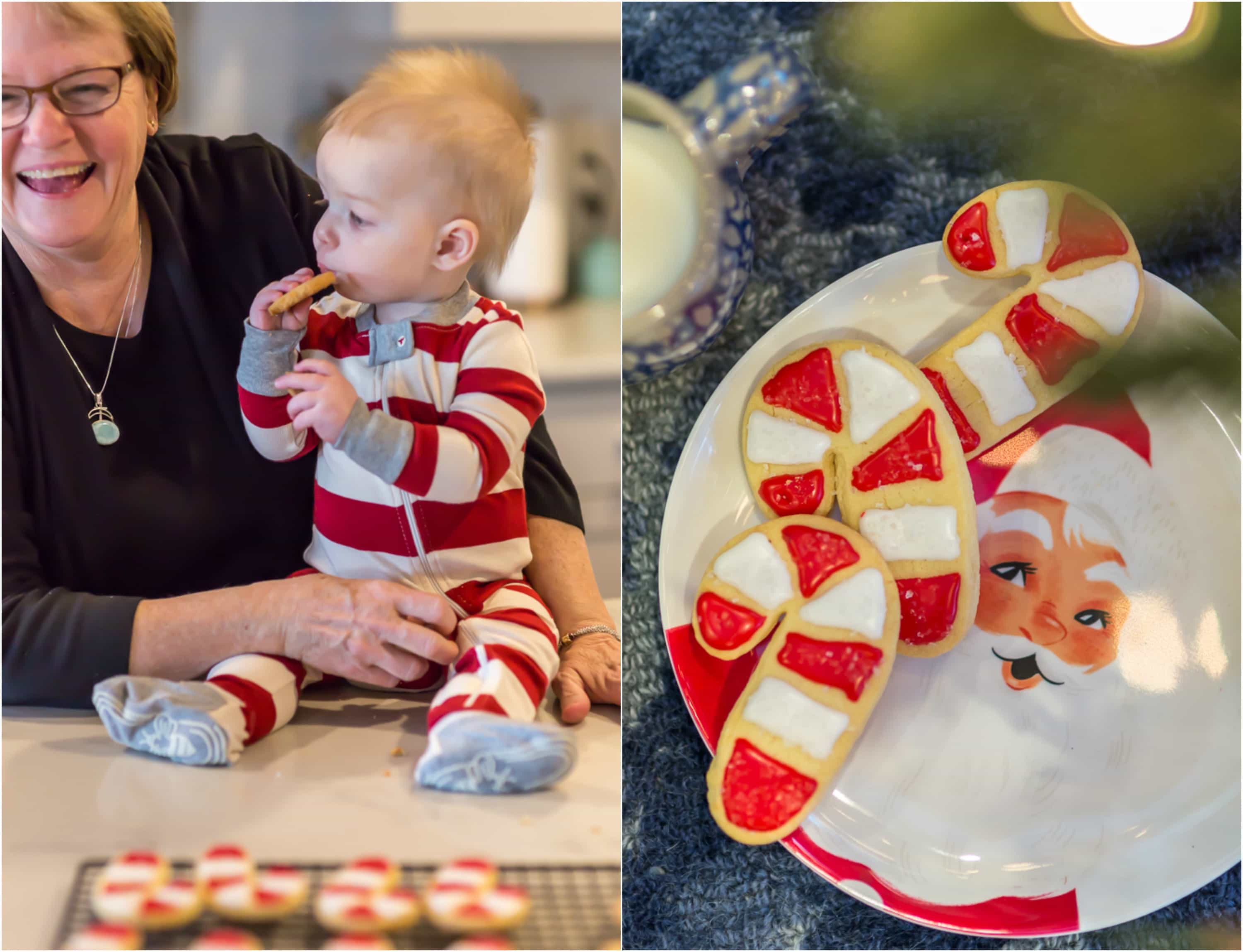 baby boy and grandma enjoying iced Christmas cookies and 2 striped candy cane cookies on a plate for Santa