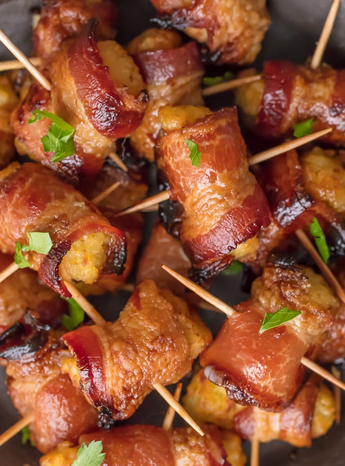 Close up of bacon wrapped tater tots