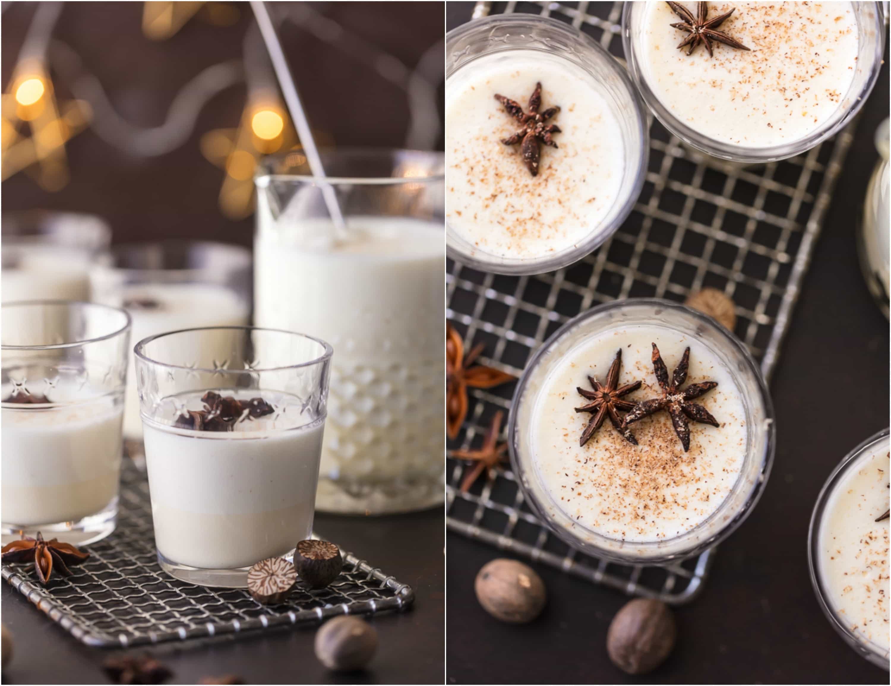 photo collage showing glasses of homemade traditional alcoholic eggnog