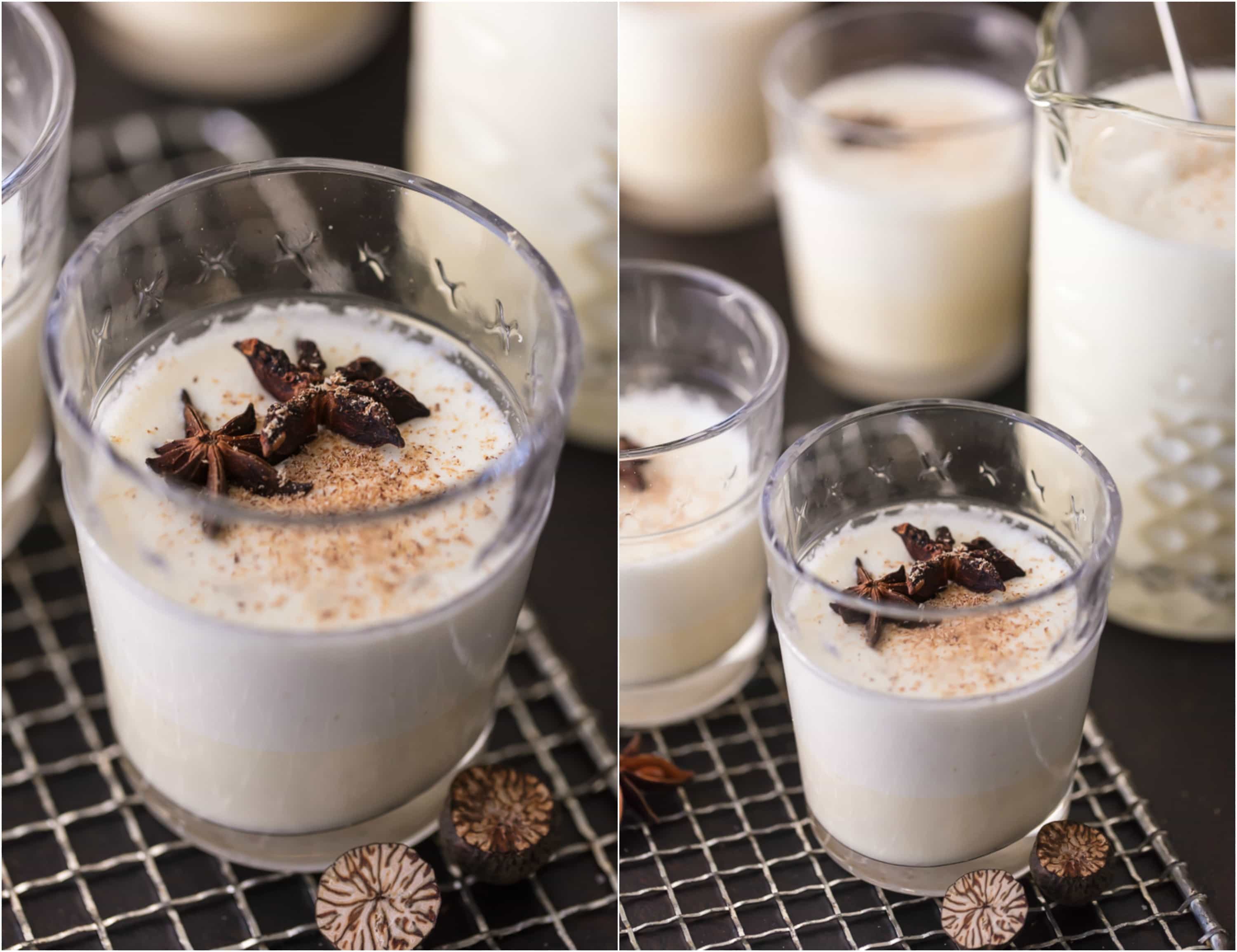 photo collage of glasses of homemade traditional eggnog with star anise floating in the glasses