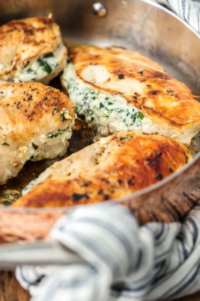 Spinach Stuffed Chicken Breast cooking in pan