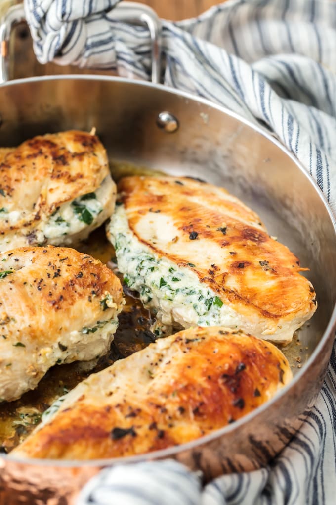 Spinach Dip Stuffed Chicken Breast in pan