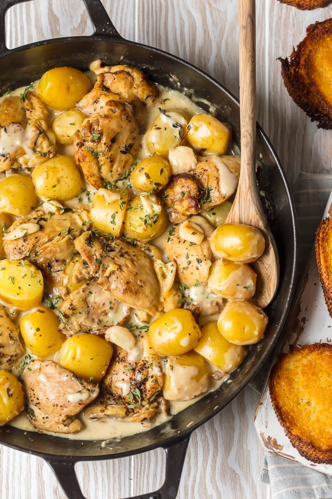 Chicken and potatoes in pan