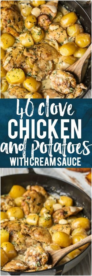 Totally obsessed with this 40 CLOVE CHICKEN AND POTATOES WITH CREAM SAUCE! Chicken with 40 cloves of garlic is all the rage right now...so why not add some potatoes and the ultimate creamy simmer sauce? This is the best chicken recipe of all time!