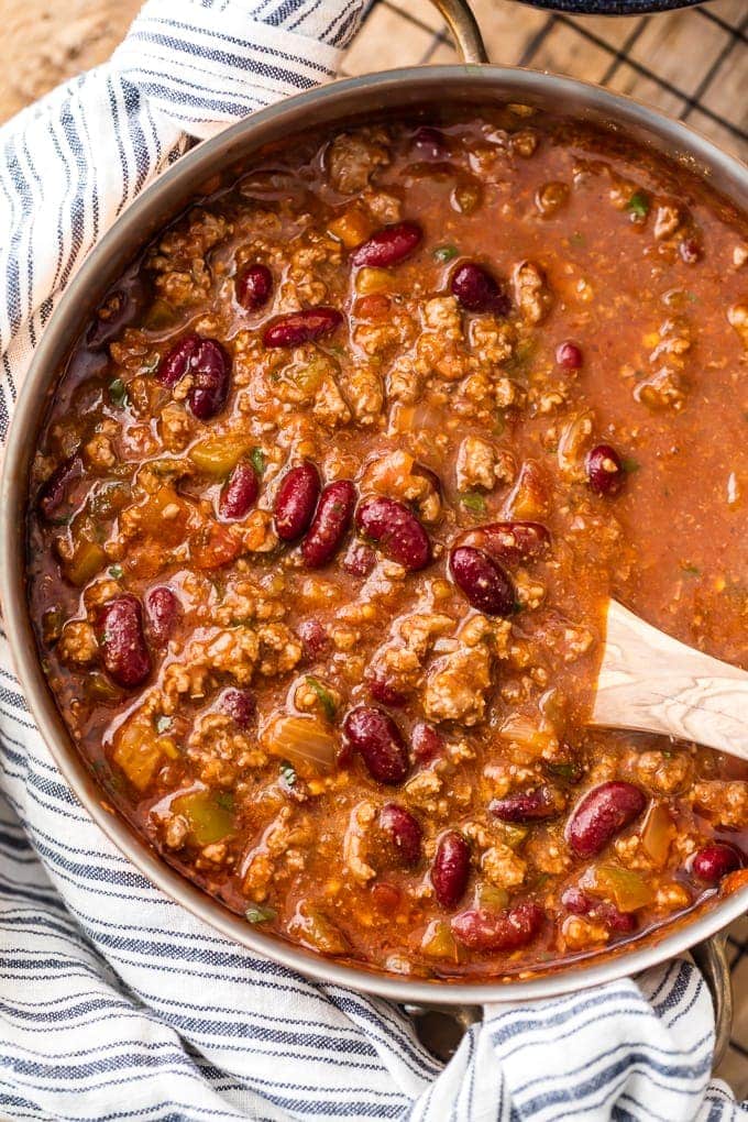 BEST Easy Chili recipe cooking in a large pot