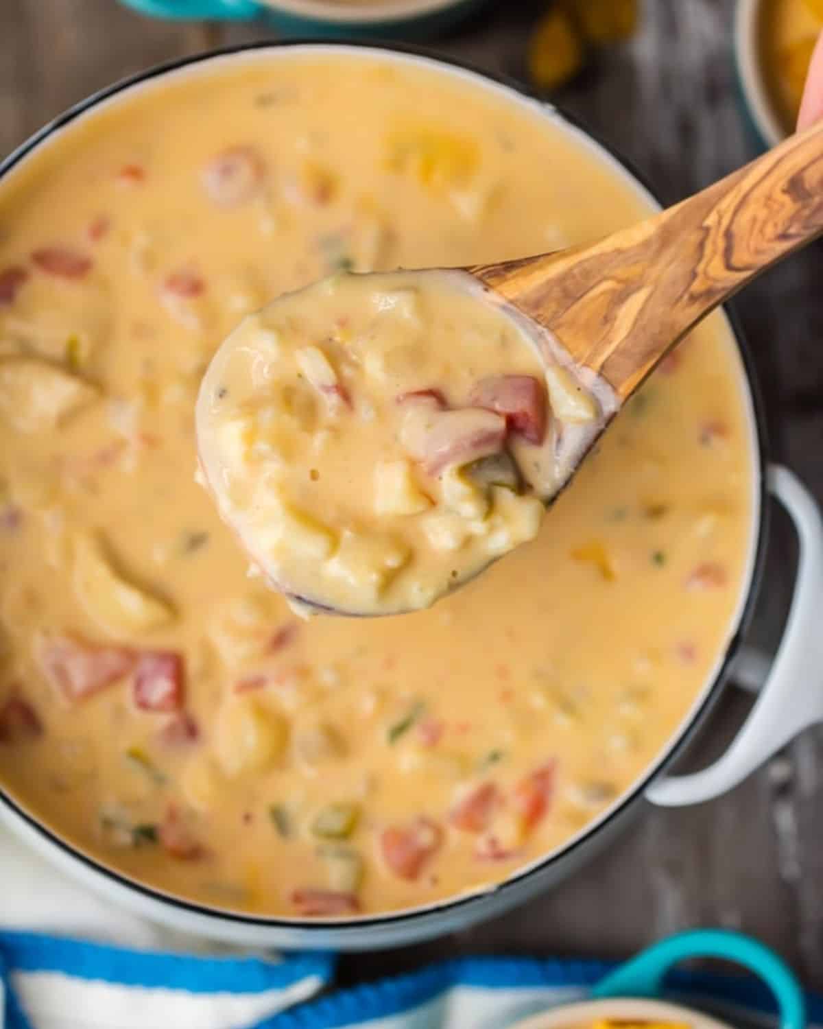 This MEXICAN CHEESY CHICKEN CHOWDER RECIPE is the ultimate Winter comfort food soup! Loaded with spicy tomatoes, green peppers, hash brown potatoes, garlic, onion, CHEESE, and more, this was an instant favorite at our house. Serve this cheesy chicken chowder with Fritos or tortilla chips and you're in business. SO GOOD. A spoonful of Mexican cheesy chicken chowder over a pot of the chowder.