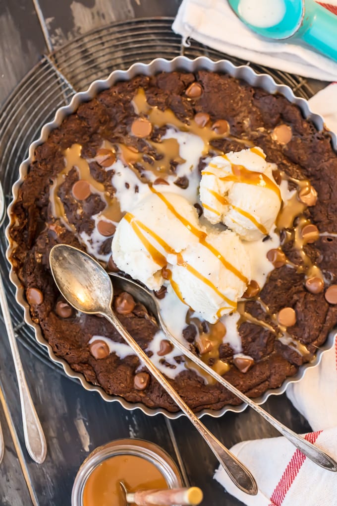 Giant Double Chocolate Chip Cookie topped with ice cream and caramel