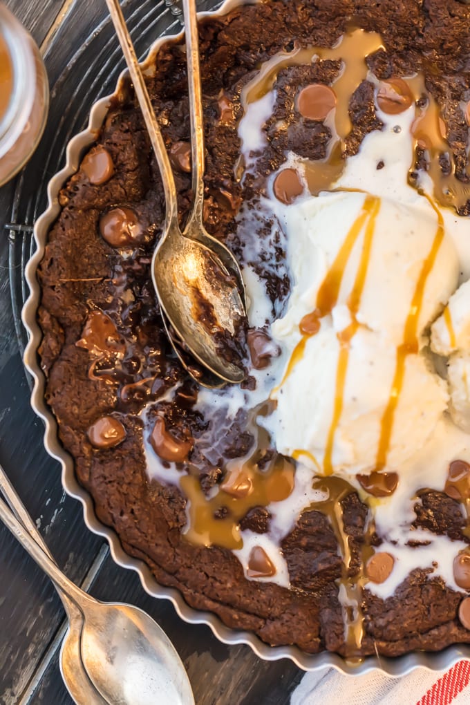 Giant chocolate caramel cookie topped with ice cream