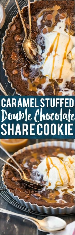 This CARAMEL STUFFED DOUBLE CHOCOLATE SHARE COOKIE is the stuff dreams are made of! This is our favorite oh so decadent dessert to make for any and every celebration. Gooey chocolate cookies for the win!