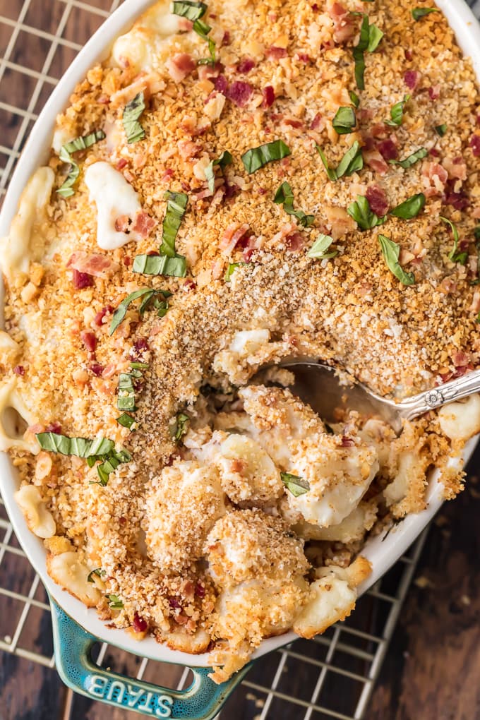 top view of Cheesy Bacon Gnocchi Bake with a spoon