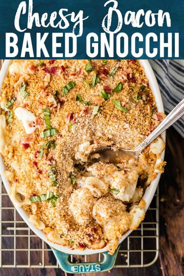This CHEESY BACON BAKED GNOCCHI is the ultimate comfort food! It's easy, full of everything I love (pasta, bacon CHEESE), and made in minutes. We are obsessed with this baked pasta. The entire family will love it.