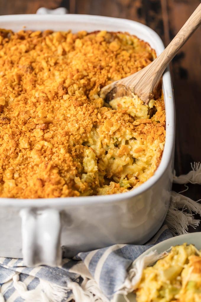 Chicken and Rice Casserole with Broccoli in a baking dish