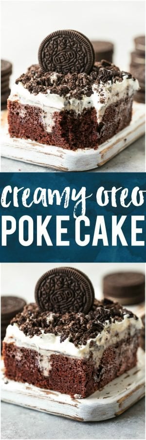 This CREAMY OREO POKE CAKE is one of our favorite EASY and delicious cakes to throw together for any occasion. This moist and flavorful cake is layered with chocolate cake, oreo pudding, cool whip, and crushed oreos! Perfect for birthday parties, holiday get togethers, or for celebrating making it to Friday. So good!