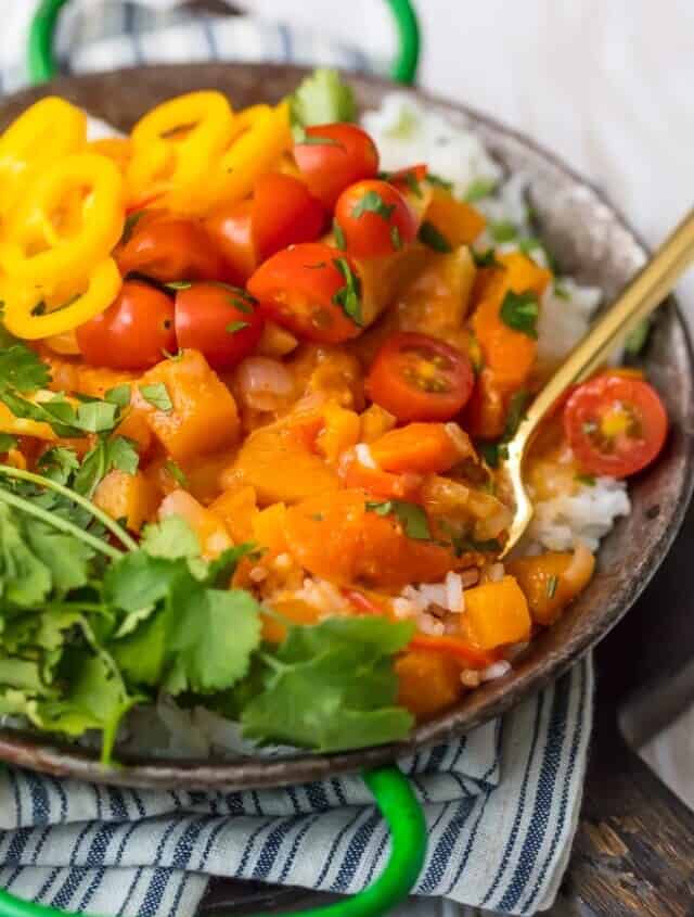 This WINTER VEGETABLE CURRY is the perfect fresh and light vegetarian meal for these cooler temps! Just the right amount of spice and all the colors of the rainbow make up this meal inspired by Indian flavors that the entire family will devour. Great for meal planning!
