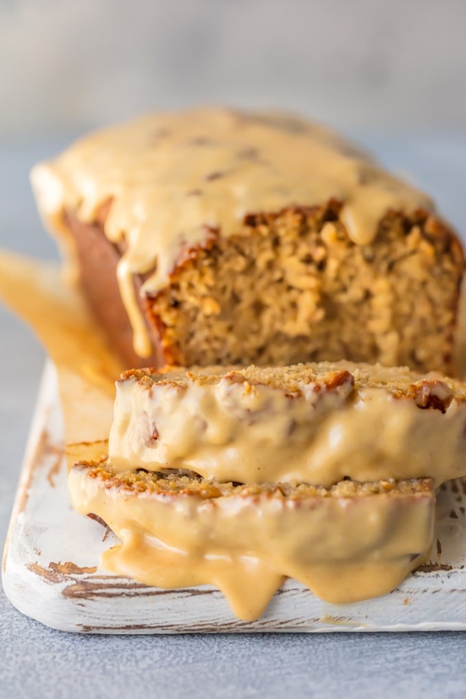 Creamy peanut butter glazed loaf of banana bread