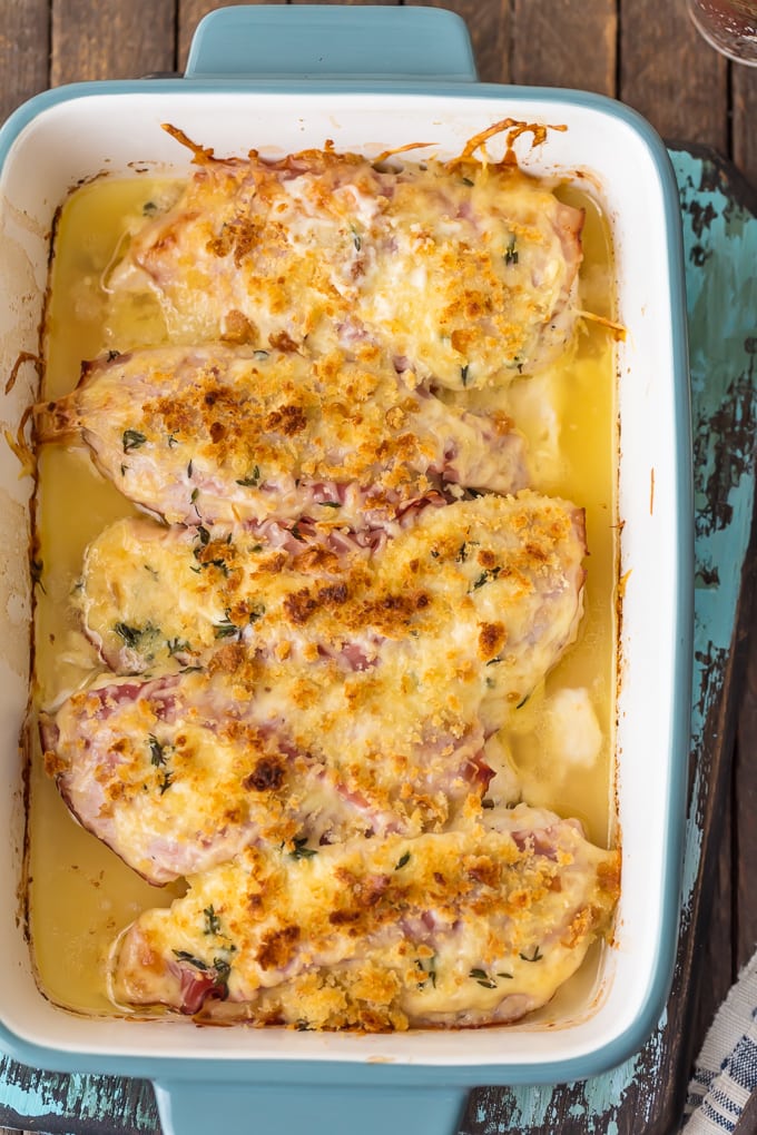 chicken cordon bleu in a baking dish