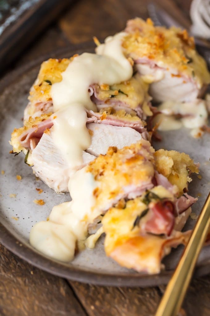 chicken cordon bleu sliced up on a plate