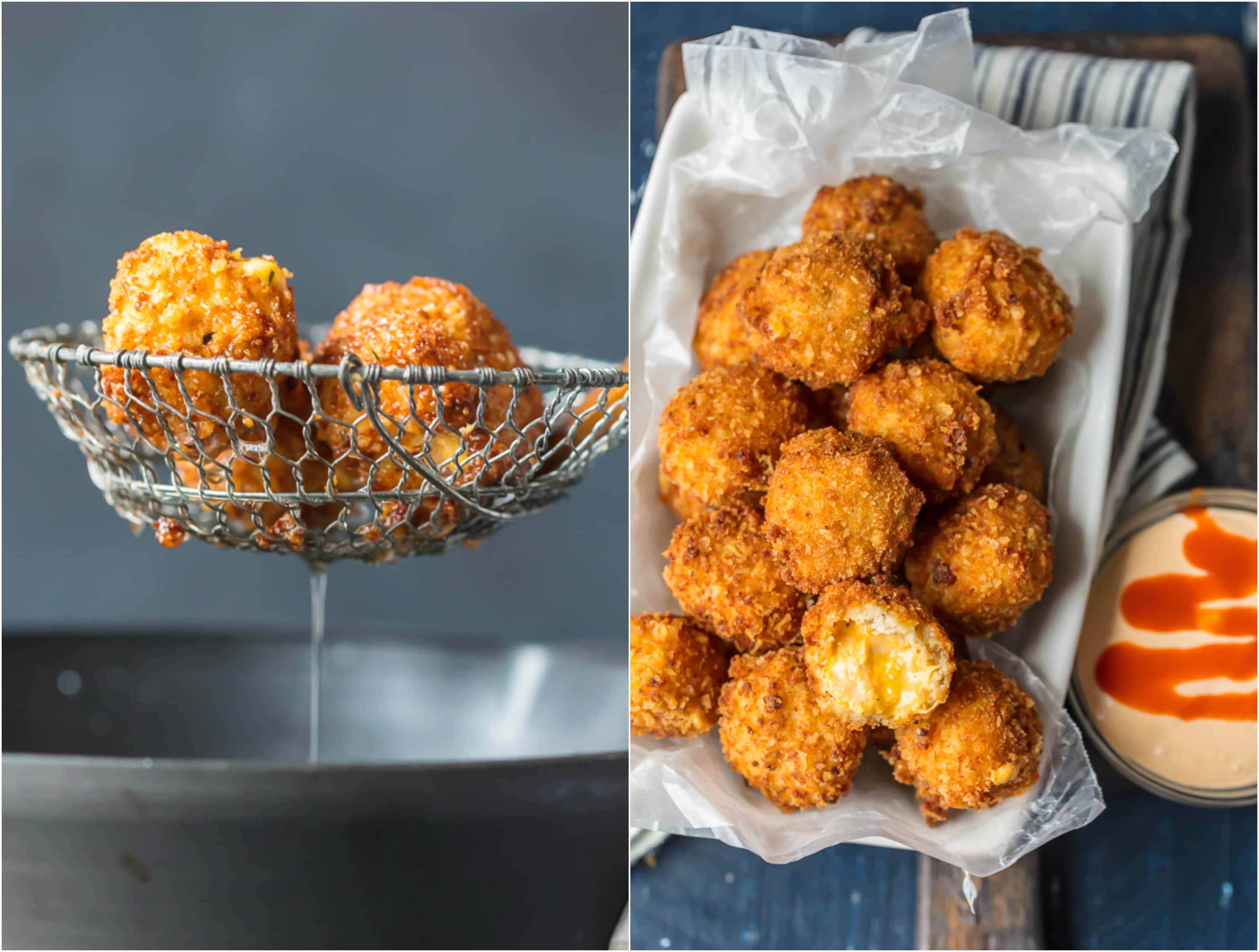 BUFFALO CHICKEN DIP BITES being pulled out of fryer 