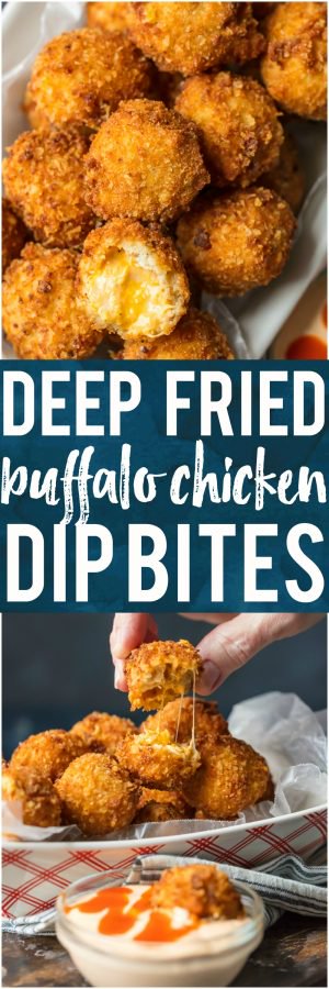 These FRIED BUFFALO CHICKEN DIP BITES are amazing! Balls of cheesy buffalo chicken dip rolled twice in breading and deep fried to pop-able perfection. This is one of our favorite game day recipes for tailgating. Bring on the Super Bowl!