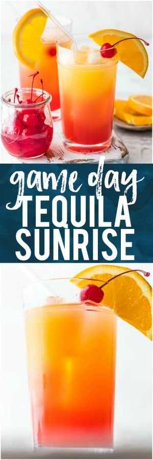 This GAME DAY TEQUILA SUNRISE is tailor made for tailgating! Made with Orange Juice, Grenadine, Tequila, and Beer, this fun cocktail is loved by all and an awesome way to start the day cheering for your favorite team. The ultimate brunch cocktail!