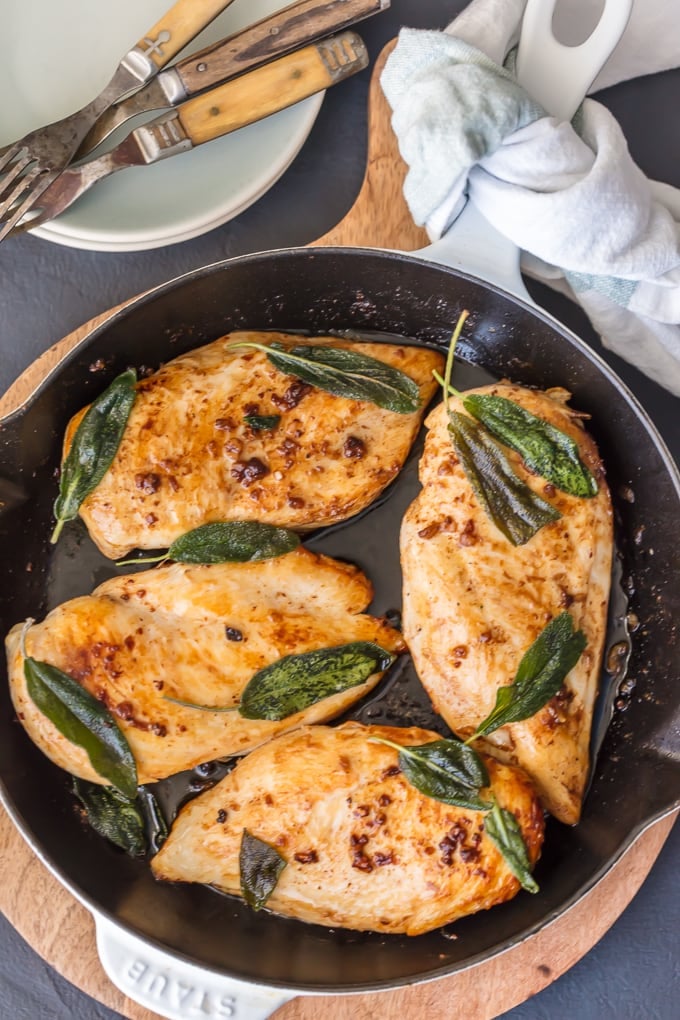 Garlic and sage Chicken Breast in skillet