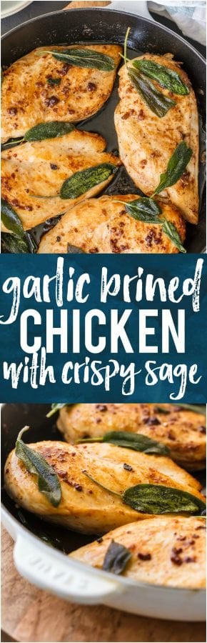 This GARLIC BRINED CHICKEN WITH CRISPY SAGE is one of our favorite easy meals for entertaining guests or a delicious night at home. You won't believe how tasty these simple flavors are until you try them all together. The garlic brine makes the chicken SO TENDER and JUICY!