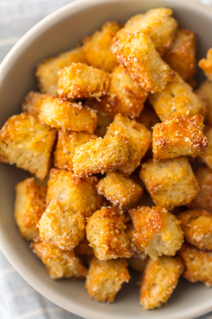 Close up on bowl of healthy baked croutons