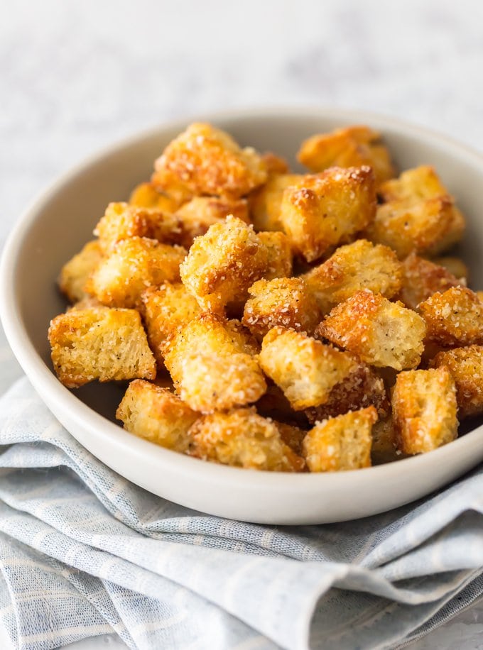 A bowl of homemade croutons