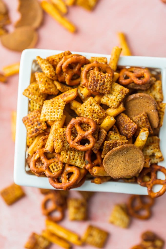 top view of gardettos with pretzels, chex, etc.