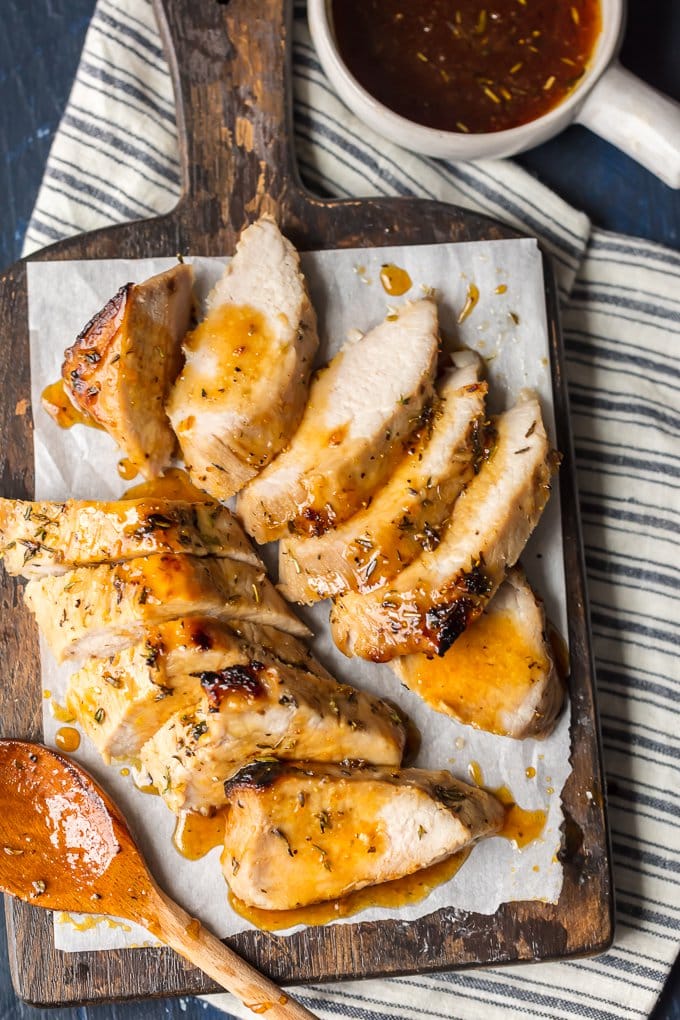 overhead shot of herb roasted pork tenderloin with honey sauce