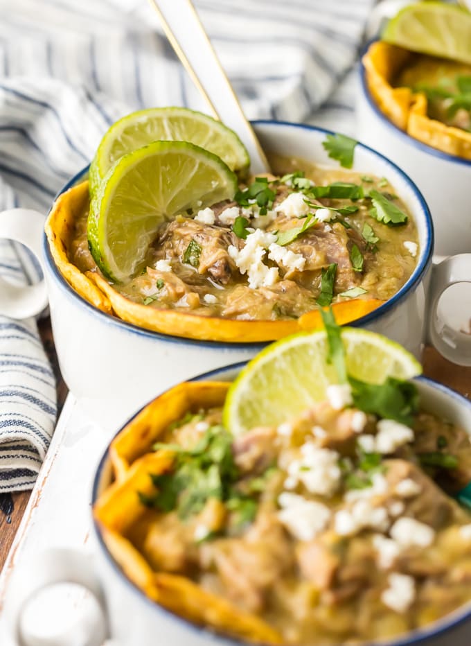 side view of bowls of instant pot verde chili