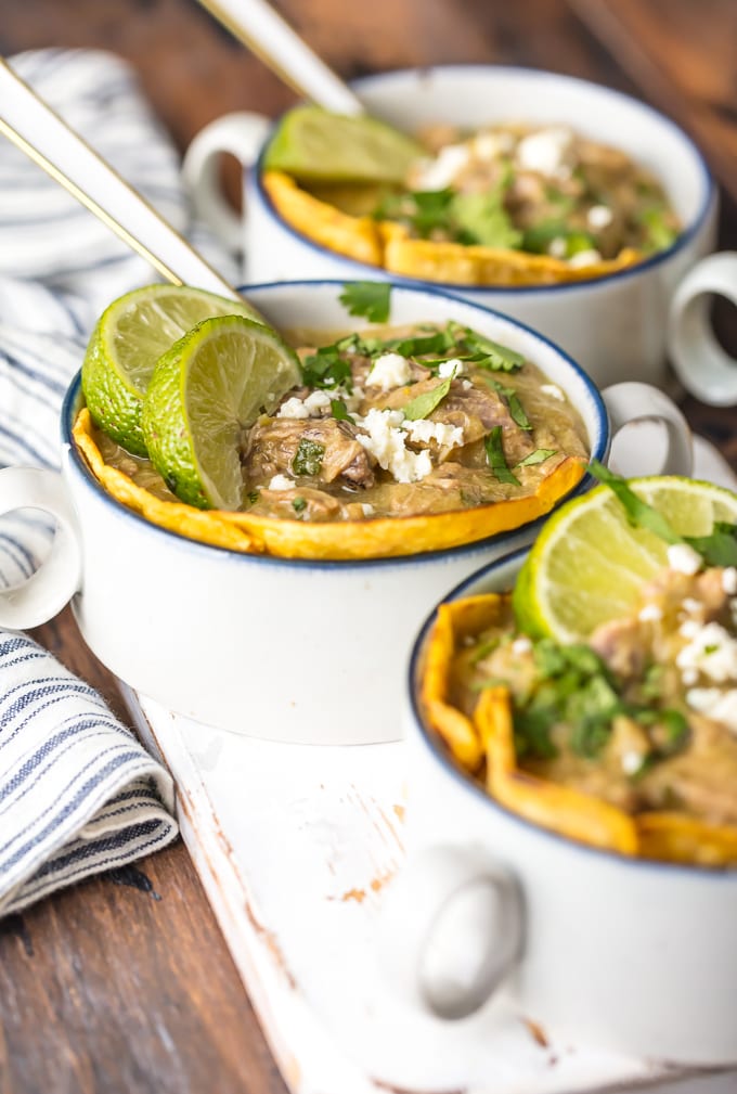 instant pot chili verde in bowls on a table