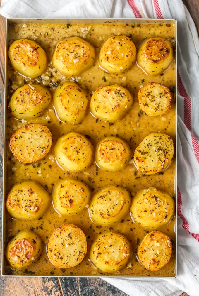 Oven roasted melting potatoes in baking pan