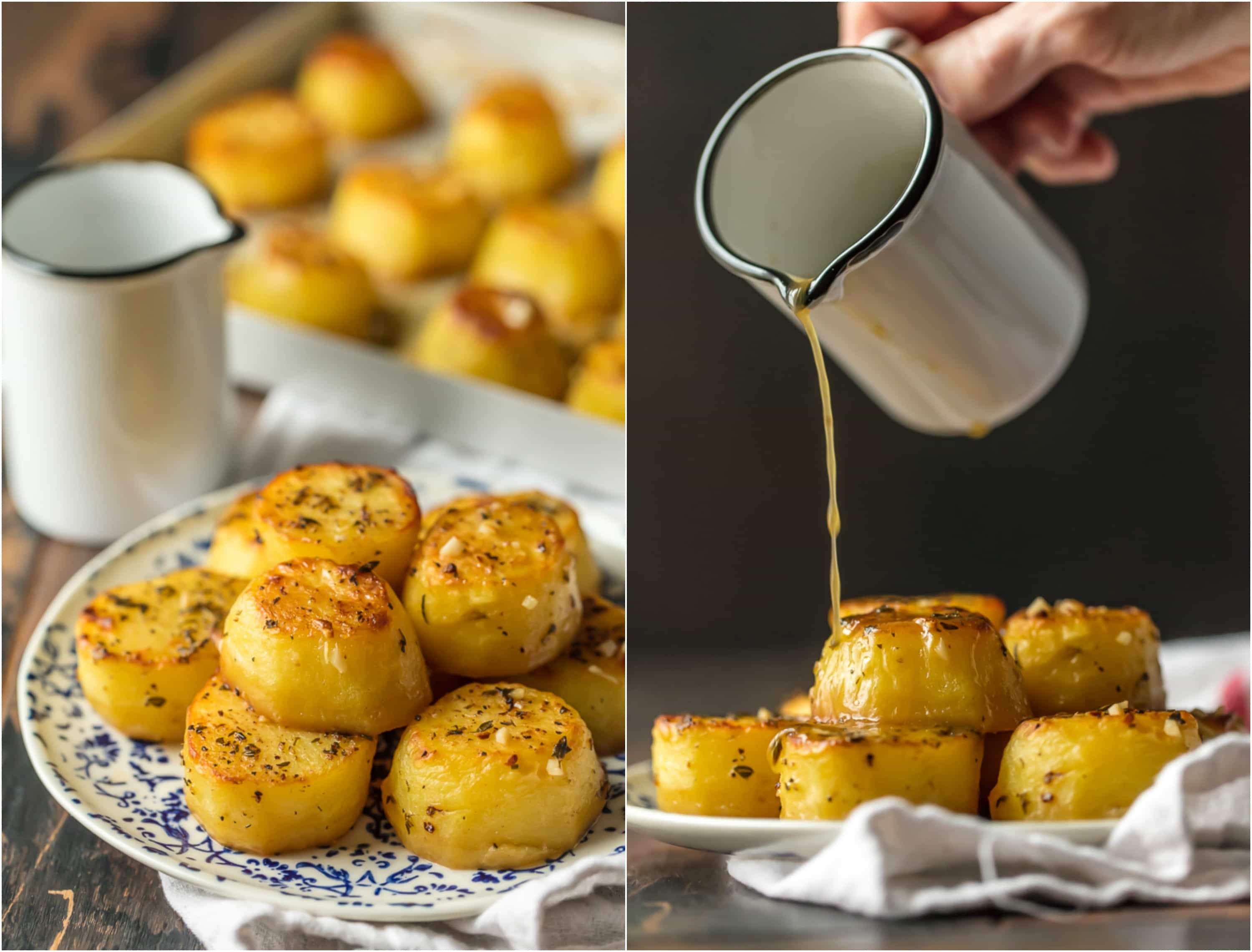 Left: Melting Potatoes on plate. Right: Butter being poured over melting potatoes