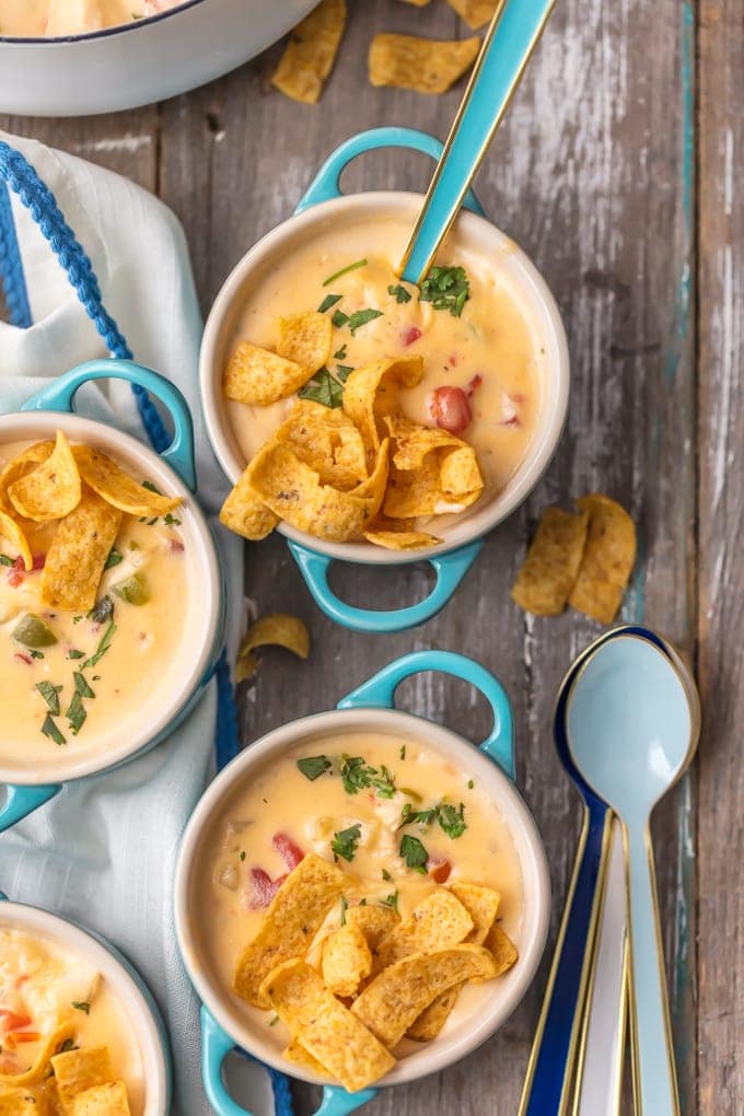 Bowls full of chowder with gold-rimmed spoons