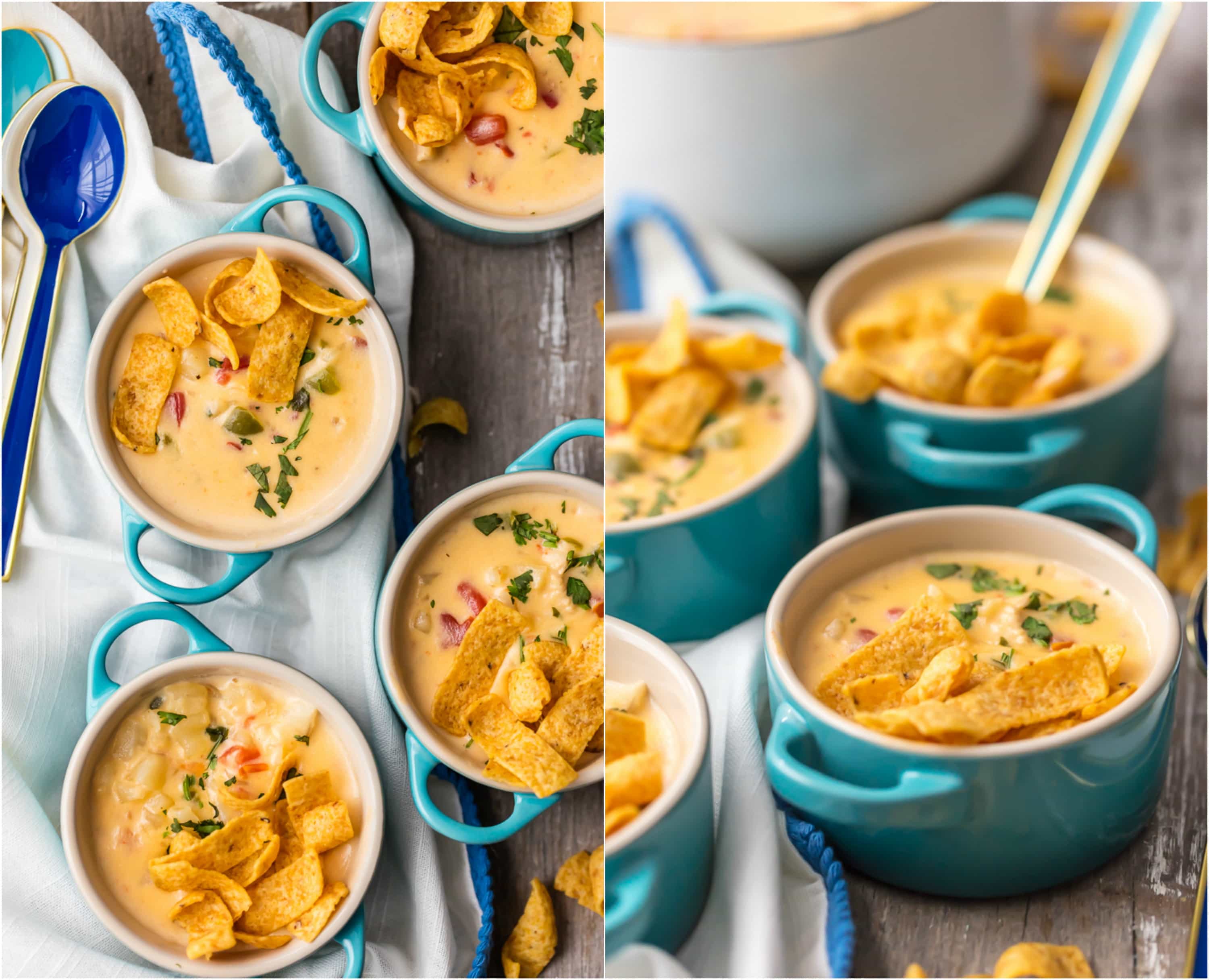Blue bowls filled with cheesy chowder and topped with corn chips