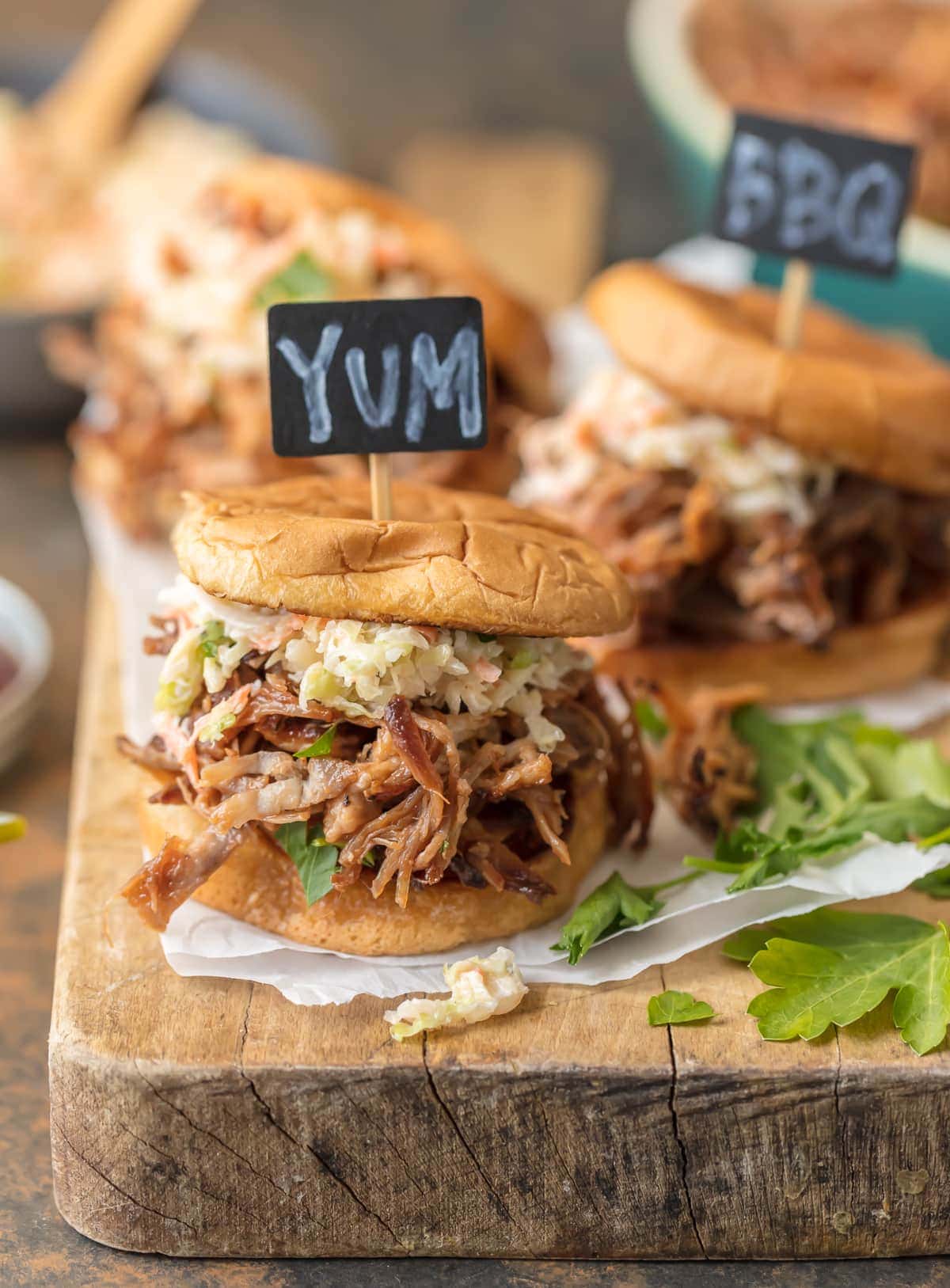 Crockpot BBQ Pork Sandwiches on serving board 