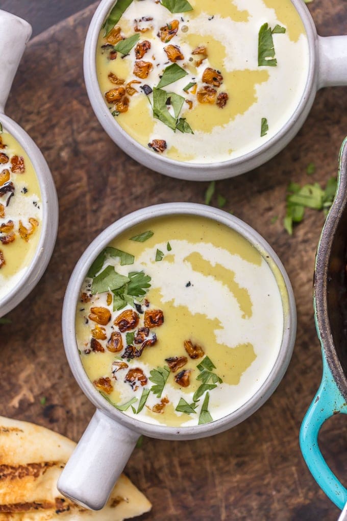 Creamy corn bisque in soup bowls