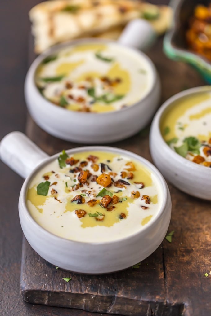 curried corn bisque in soup bowls