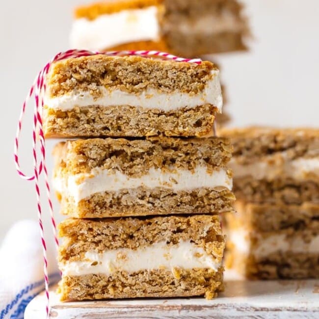 homemade oatmeal cream pie bars stacked on a plate