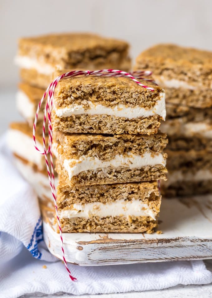 stacks of oatmeal cream pies tied up with string