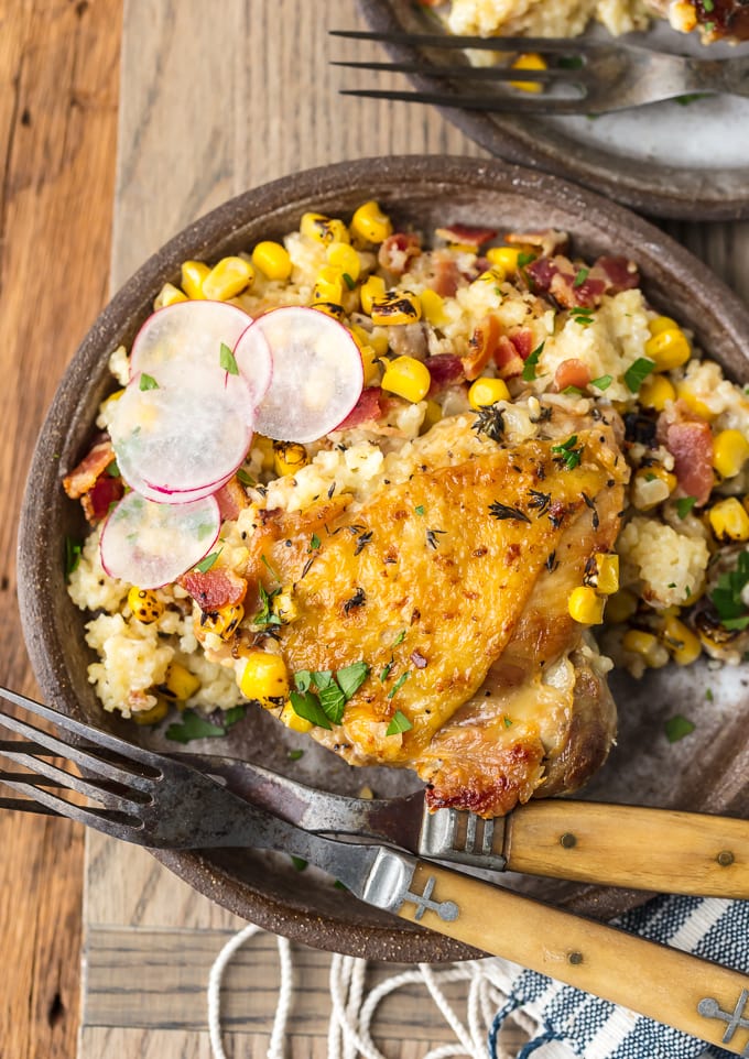 Chicken and bacon recipe with corn and couscous on a plate