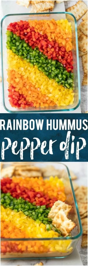 This RAINBOW PEPPER HUMMUS DIP is a healthy, easy, beautiful, and oh so delicious dip! This healthy appetizer is made for game day and loved by both kids and adults. You can feel good about serving this fresh and skinny option at your next party or bbq.