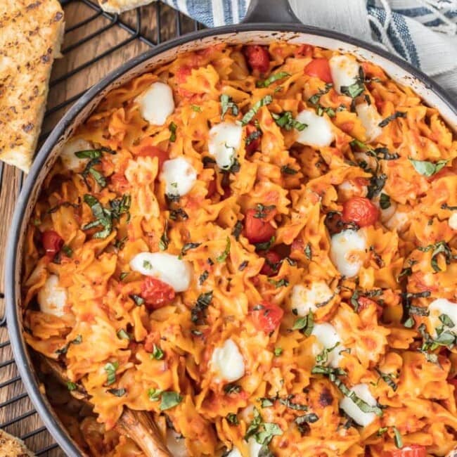 stovetop caprese pasta salad in a bowl