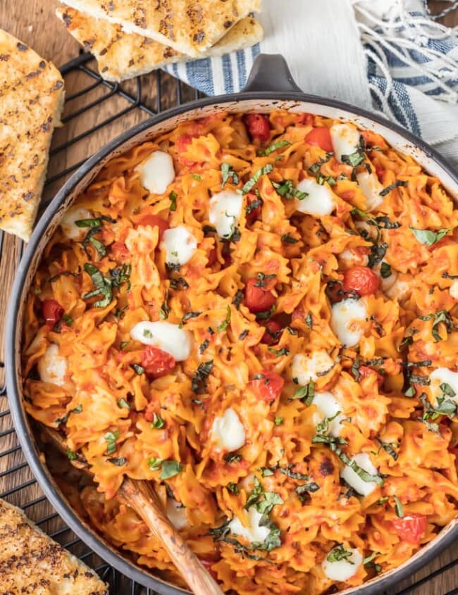 stovetop caprese pasta salad in a bowl