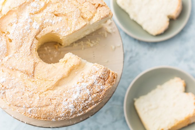 top view of sliced angel food cake on a cake stand